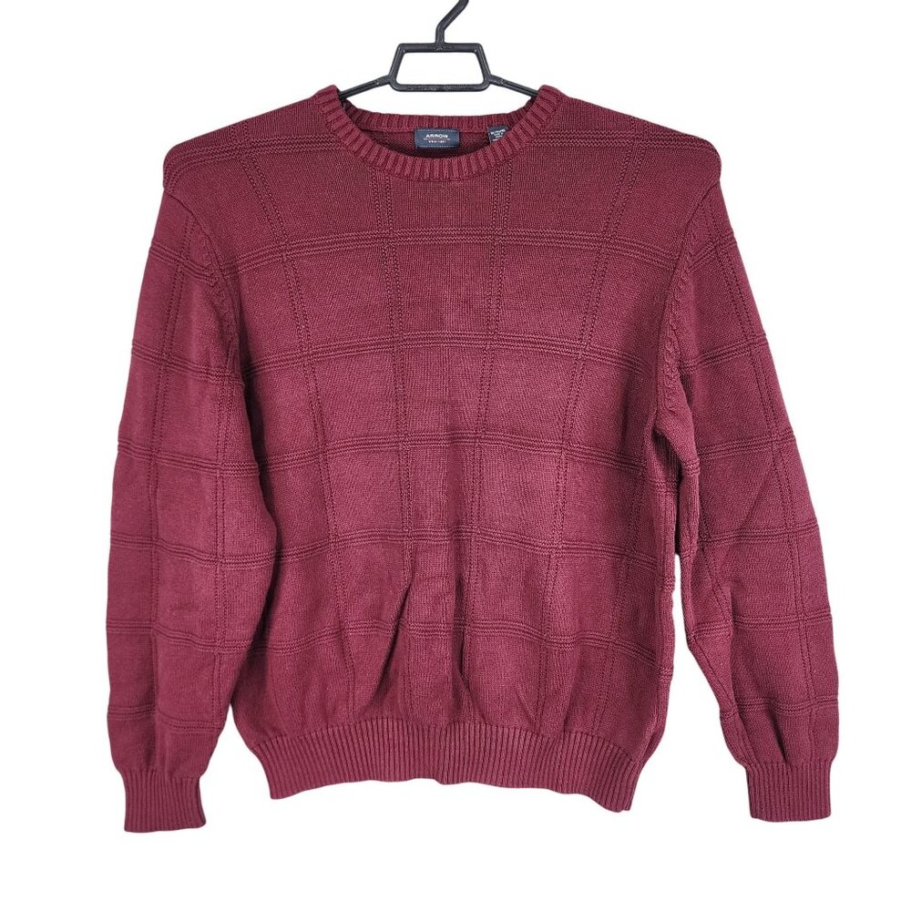 Mens Burgundy Arrow Sweater Cotton Crewneck Ribbed Cuffs & Hem Long Sleeve XL